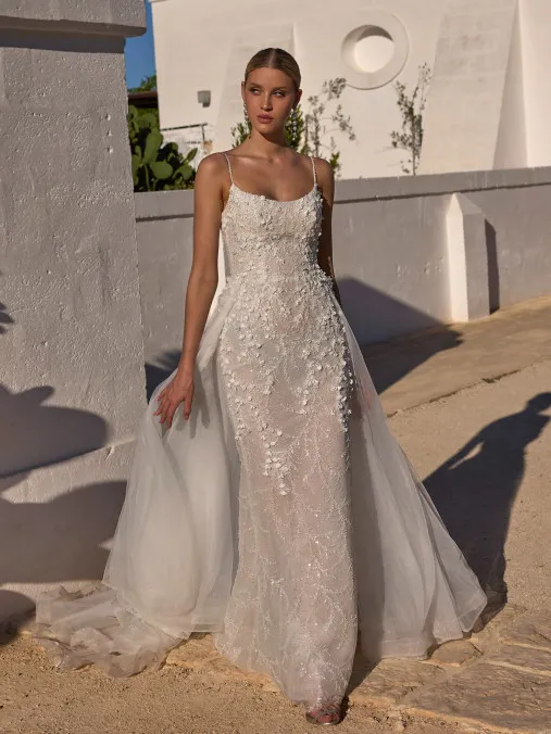 Ethereal Sheath Gown with Floral Appliqués & Tulle Overskirt