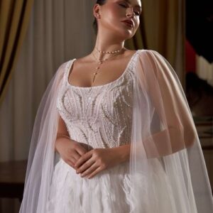 Regal A-Line Gown with Beaded Corset & Sheer Cape Sleeves