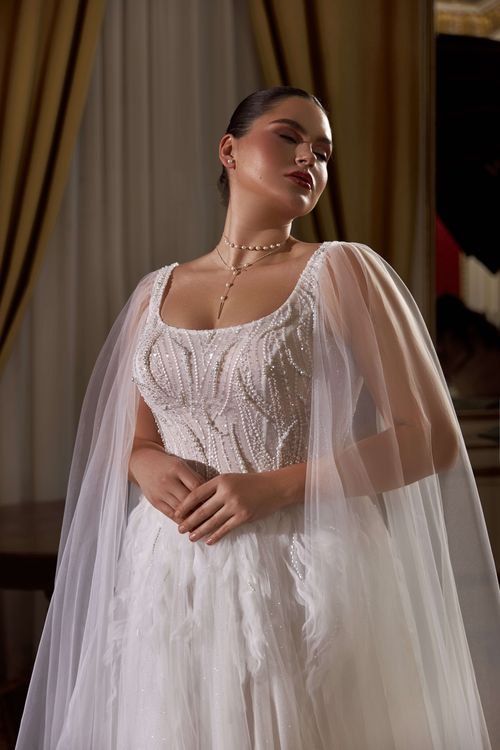 Regal A-Line Gown with Beaded Corset & Sheer Cape Sleeves