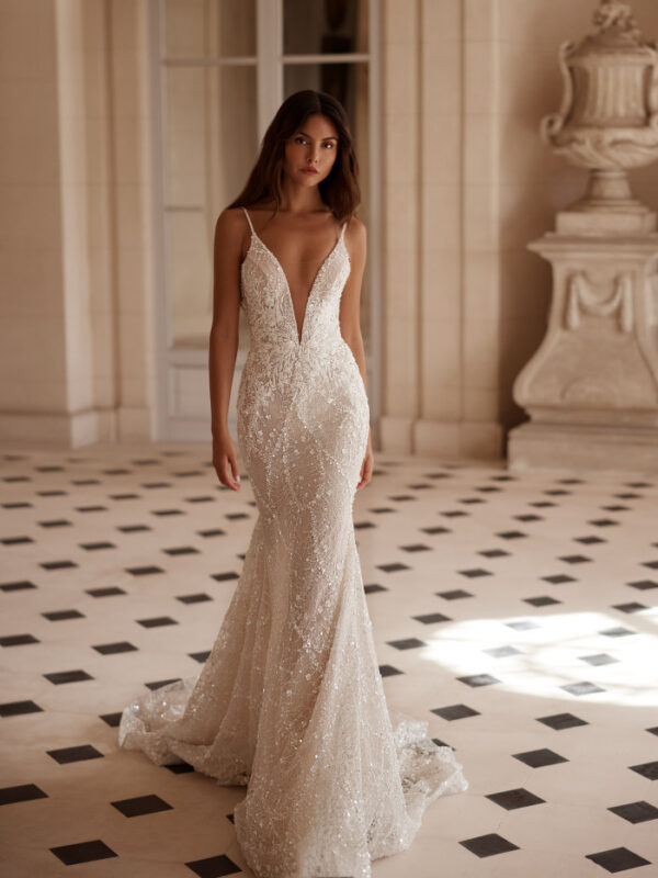 Beaded Sheath Gown with Plunging Neckline & Illusion Back
