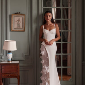Sophisticated Sheath Gown with 3D Floral Illusion Panel