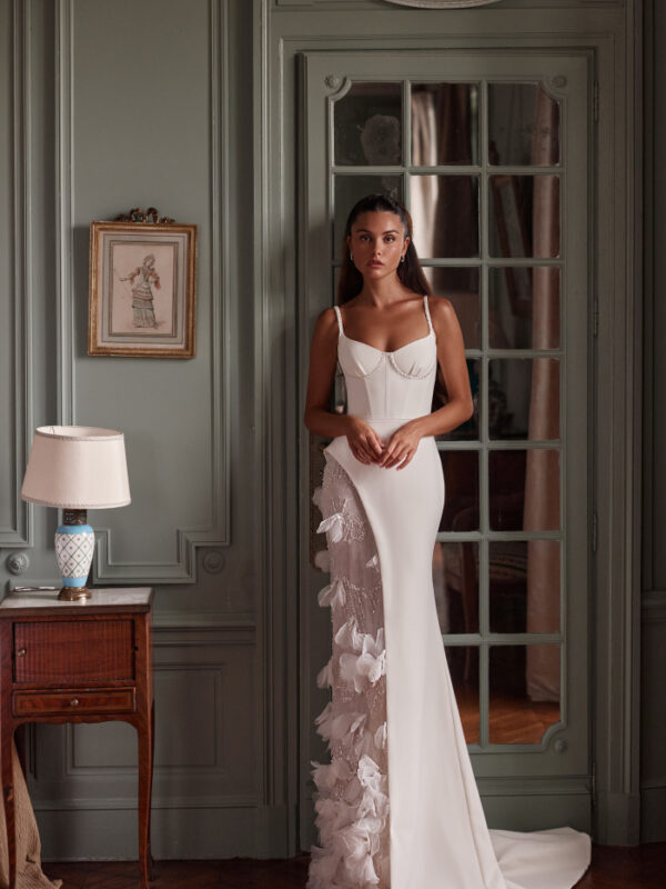 Sophisticated Sheath Gown with 3D Floral Illusion Panel