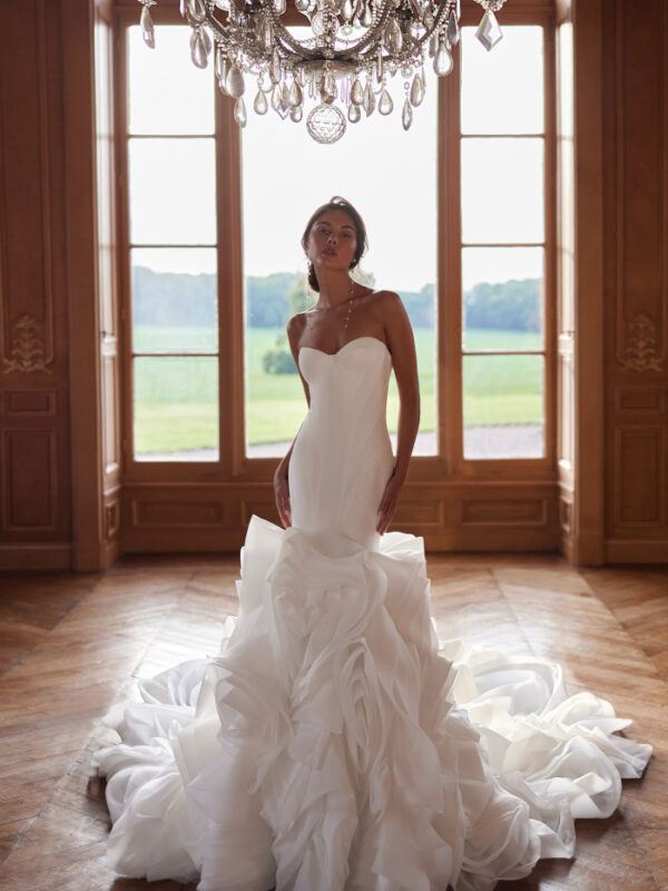 Modern Mermaid Gown with Corset Bodice & Rosette Skirt