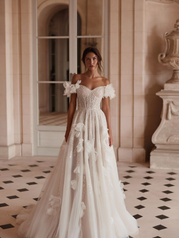 Ethereal A-Line Gown with Floral Sleeves & Corset Bodice