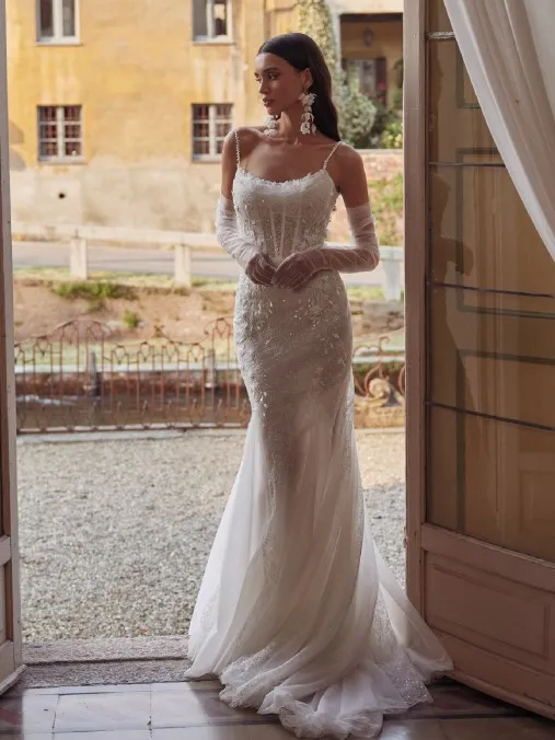 Romantic Mermaid Gown with Sheer Corset & Floral Lace